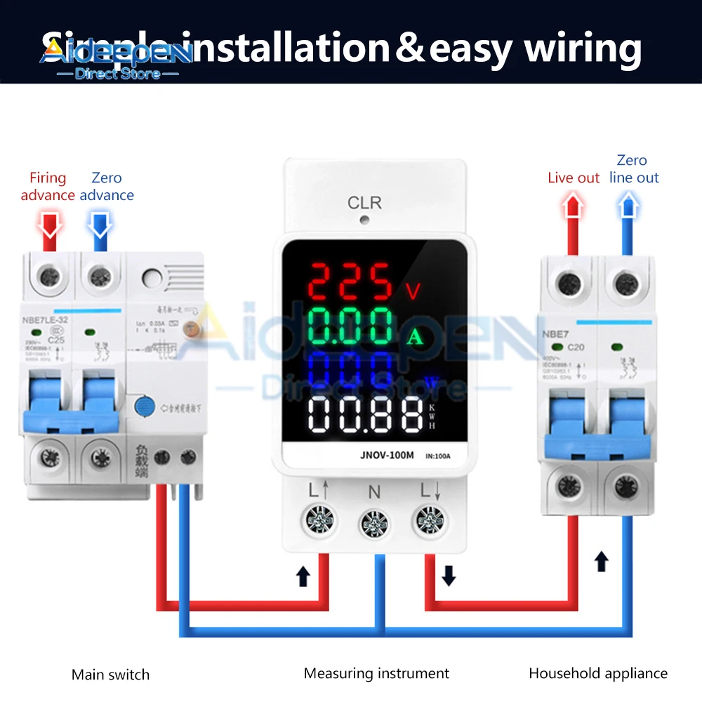 70-270V/100A Power Meter Household 4 in 1 Color Screen Multi-function AC Energy Power Voltmeter Voltage Amps Watt Kwh Meter