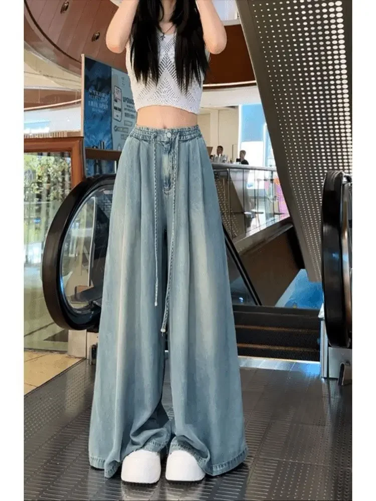 Verão novo drape pernas largas elástico e versátil ins na moda versátil calças namorado jeans para mulheres calças femininas