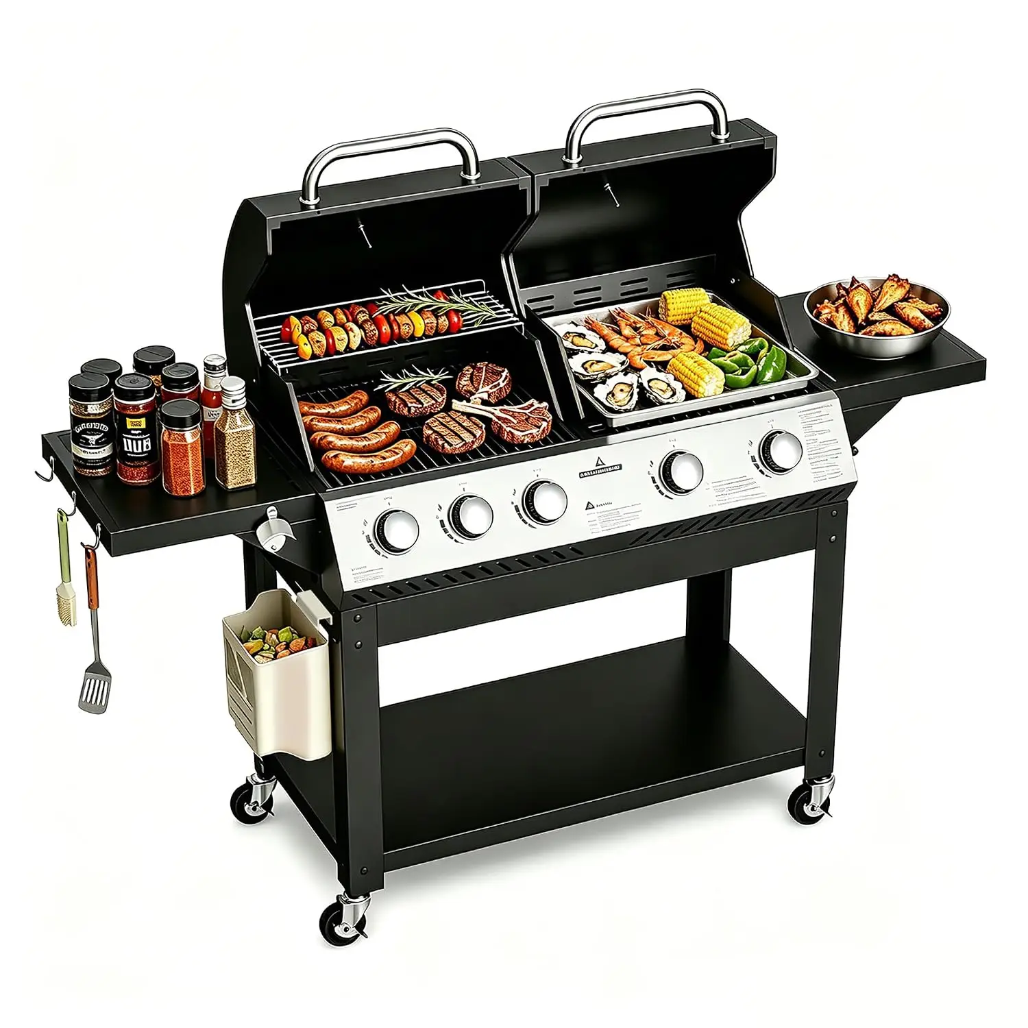 5-Burner Gas Grill Griddle Combo, 54000 BTU 2-in-1 Propane Grill, Customized