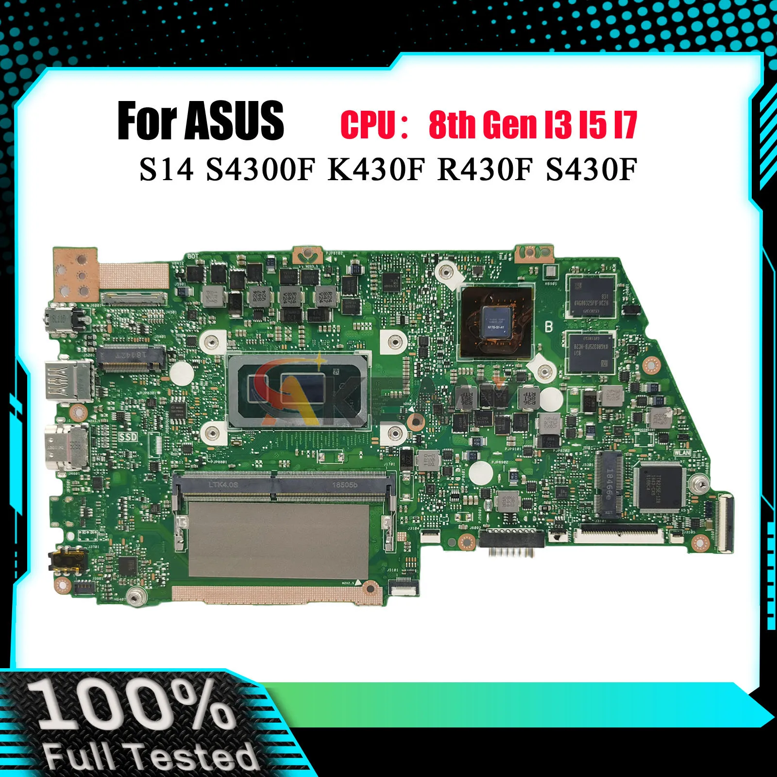 X430FN Laptop Motherboard For ASUS VivoBook R430F X430FN X430F S14 X430FA V430F K430F S4300F S430F Mainboard With I3 I5 I7 CPU