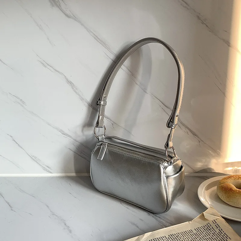 

Spring New Silver Soft Pu Leather Armpit Bag Korean Style Women's Zipper Small Square Bag Female Simple Shoulder Crossbody Bag