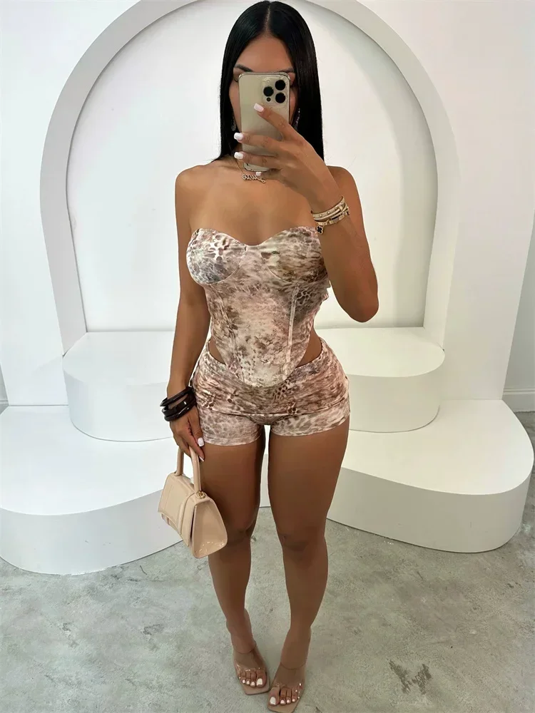 

Laxsesu Leopard Print 2 Piece Set Women Matching Summer Strapless Crop Tanks+Stacked Skinny Shorts Female Hipster Streetwear