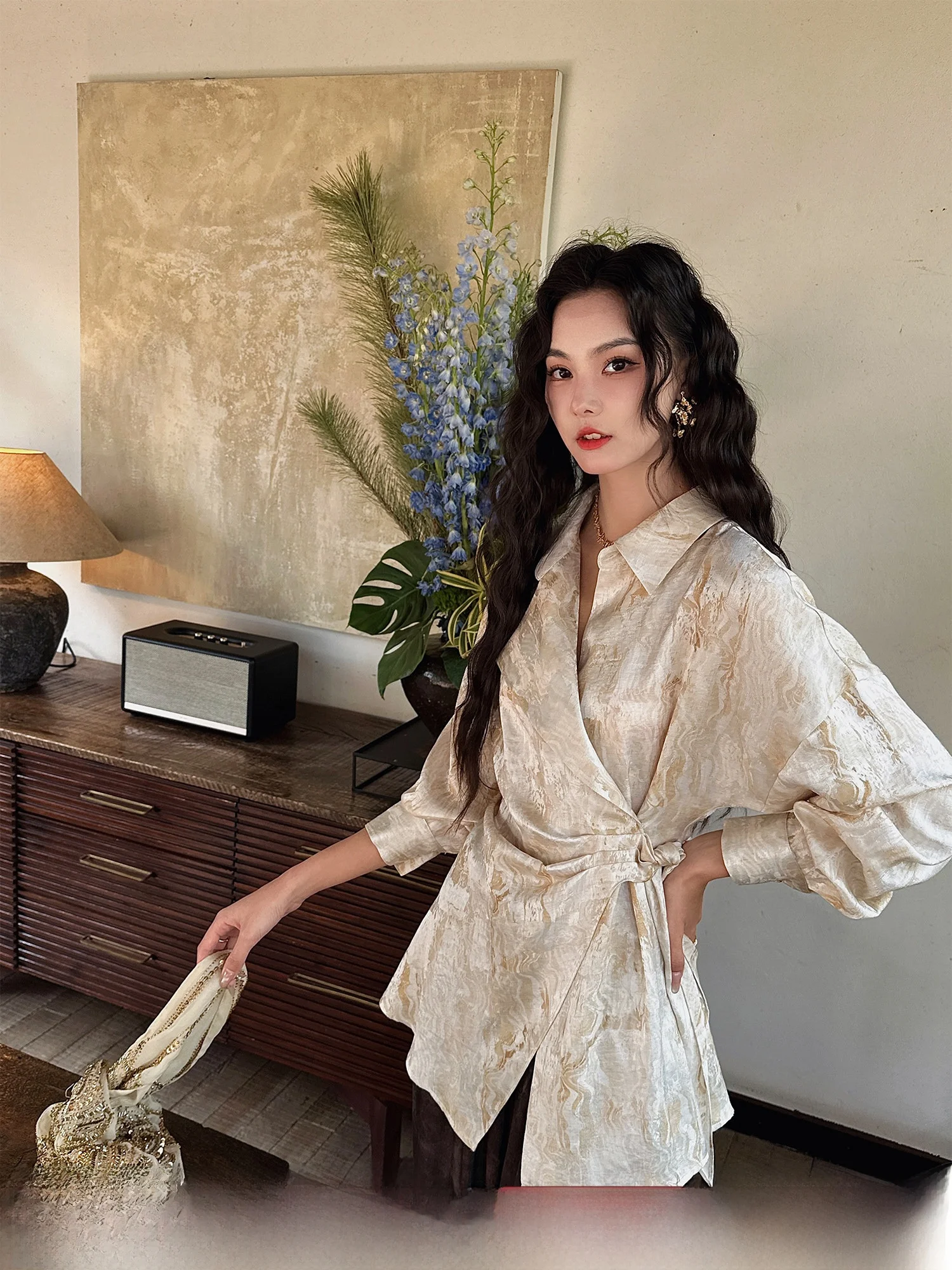 

Ele Bla Flower Silk Twist irt Luxury Anti-Aging Trendy Women's irt Linen Print Loose Fit Long Sve Spring ...