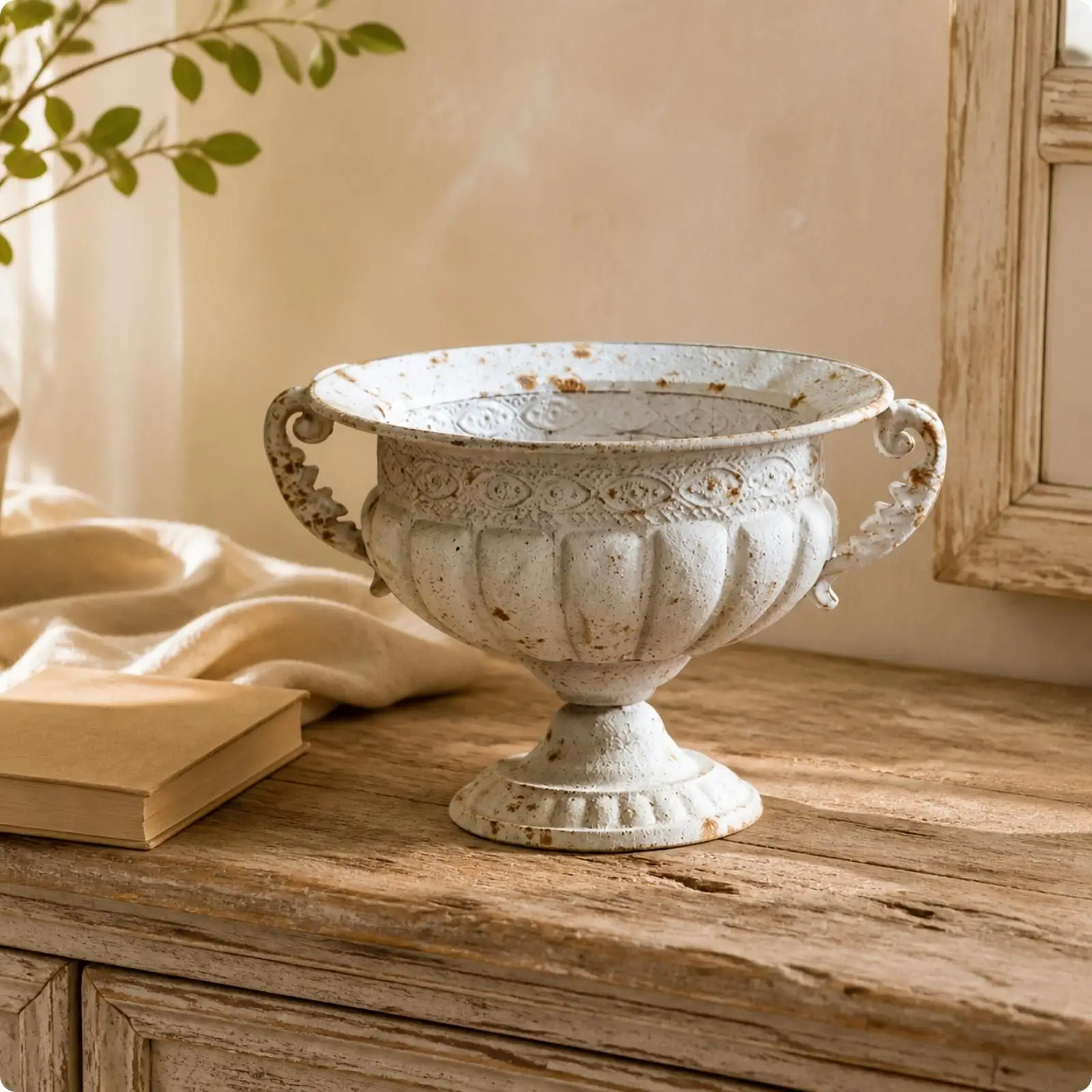 Vintage Style Metal Urn Vase with Two Scroll Side Handles for Floral Centerpiece Display on Tabletop or Shelf Decor
