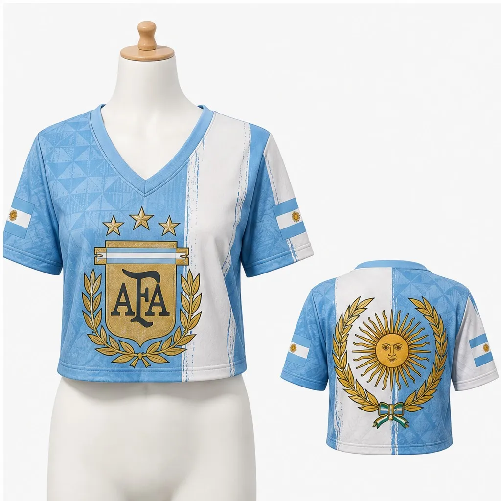 Womens Argentina V Neck Crop T Shirt Sky Blue White Sun Laurel Crest Graphic Short Sleeve Casual Streetwear Top Summer Style Top