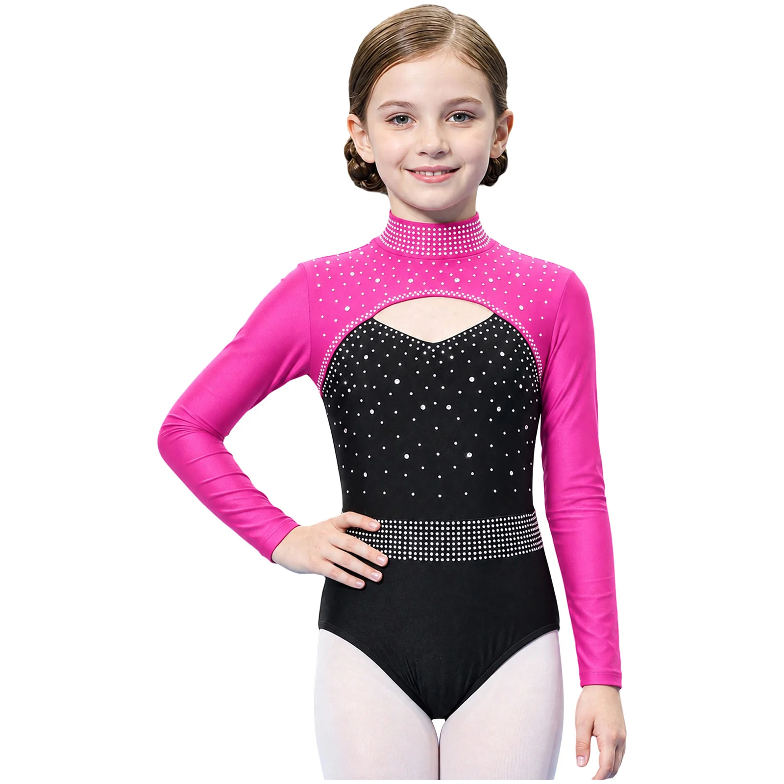 Children Keyhole Front Ice Skating Bodysuit Ballet Dance Leotard Kids Girls Rhinestone Gymnastics Jumpsuit Long Sleeve Leotards