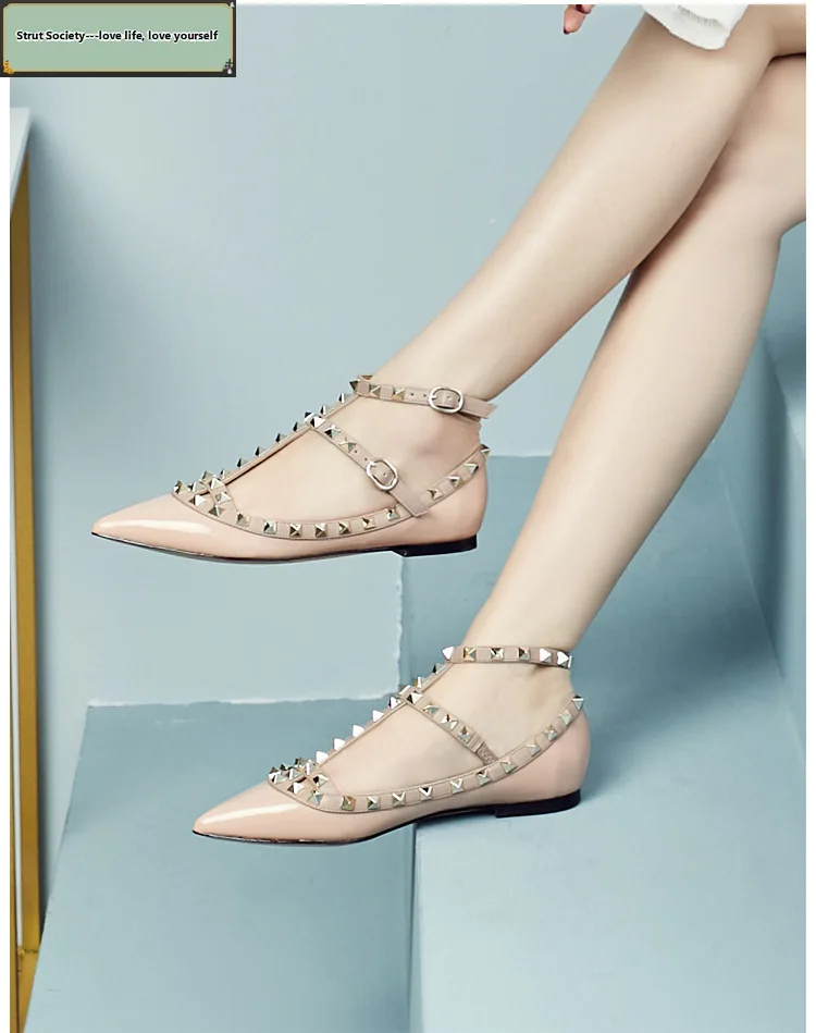 

Women High Quality 2 Buckles Strap Flats Point Toe Dazzling Gold Studs Shoes Shiny Leather British Style Fashionable Designer