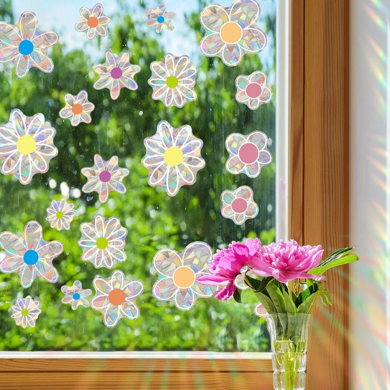 22parts Flower Rainbow Glass Window Decal Windows Anti Collision Window Decals for Bird Strikes Glass Alert Prism Decals Garden