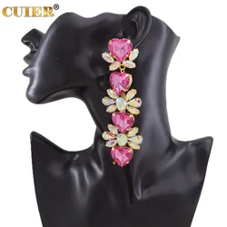 CUIER Sparkly 11cm Long Heart Pendant Dangle Earring for Women AB Crystal Gorgeous Girls Gift Big Jewelry for TV