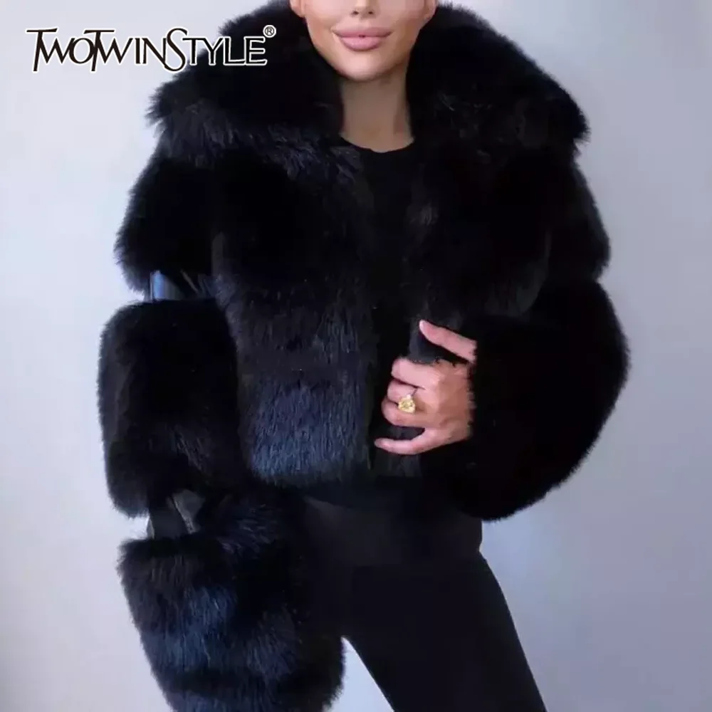TWOTWINSTYLE jednolite, temperamentne futra dla kobiet z klapami z długim rękawem Patchwork Zipper kurtki wyszczuplające kobieta Fashion Style nowość