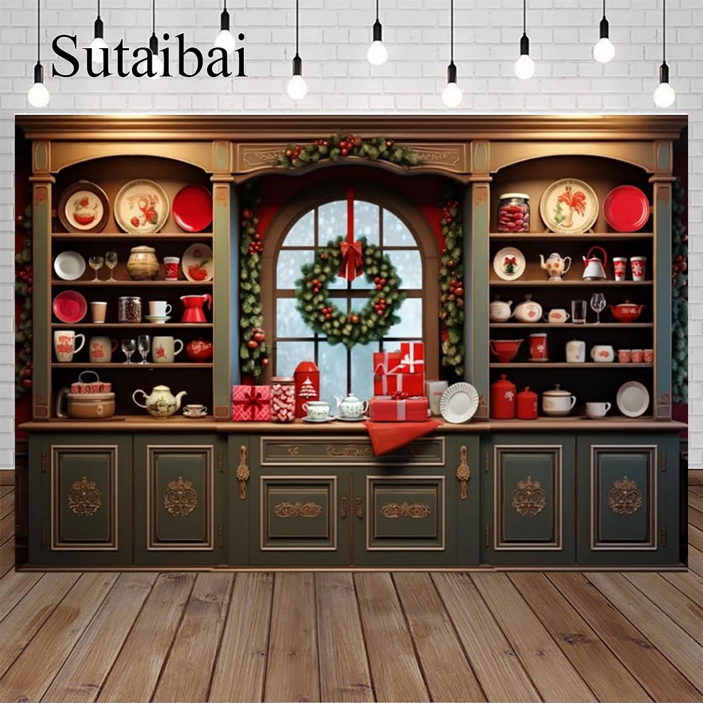 Essen rote Schränke Geschirr Küche Weihnachten Fotografie Hintergrund Innen Vintage Side boards rote Weihnachten Dekoration Foto Hintergrund