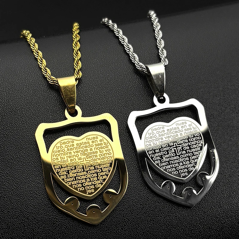 Heart Shaped Spanish Lord's Prayer Bible Jesus Cross Pendant Necklace for Women Men Shield Stainless Steel Christian Jewelry