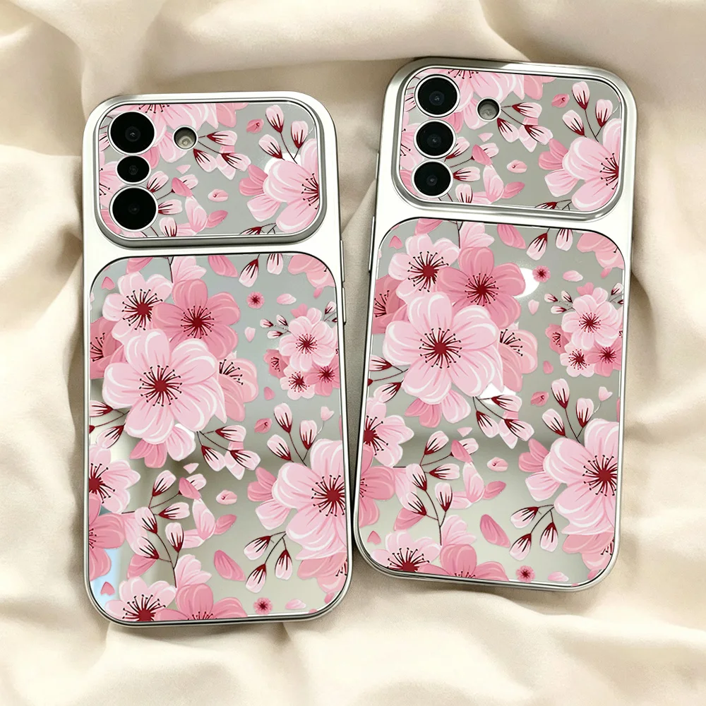 Pink Peach Blossoms Mirror Phone Case For Samsung A36 A56 A26 A57 A37 A17 A55 A07 S24 S25 S26 Ultra Shockproof Protective Cover