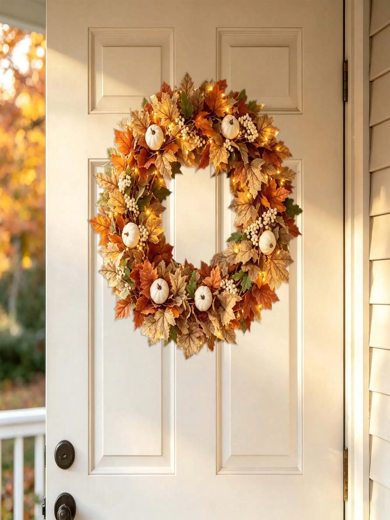 4pcs Artificial Autumn Maple Leaf Vine With LED String Lights, Berries And Pumpkins, Hanging Decor For Thanksgiving Table, Room, Stairs, Windows, Porch, Garden Fence, DIY Wreath, Thanksgiving Harvest Home Decoration - view 8