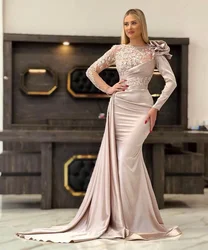 Mermaid Evening Dresses High Neck Long Sleeves Sequins Beaded 3D Lace Flowers Satin Appliques Prom Dresses Custom Made Gown