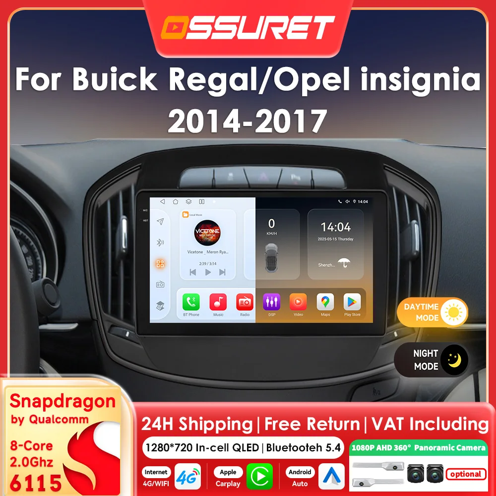 9 "2DIN Carplay Android 14 Autoradio für Buick Regal Opel insignia 2014 2015 2016 2017 Auto multimedia-player GPS 360 Cam Bildschirm