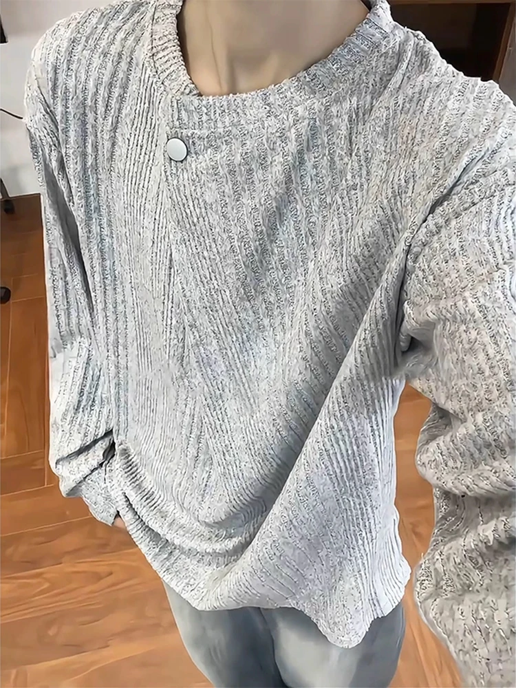 

ay Texture Long Sve Knitted T-irt Casual Loose Men's Base irt Autumn Trendy Top Comfortable Loose Fit round Ne