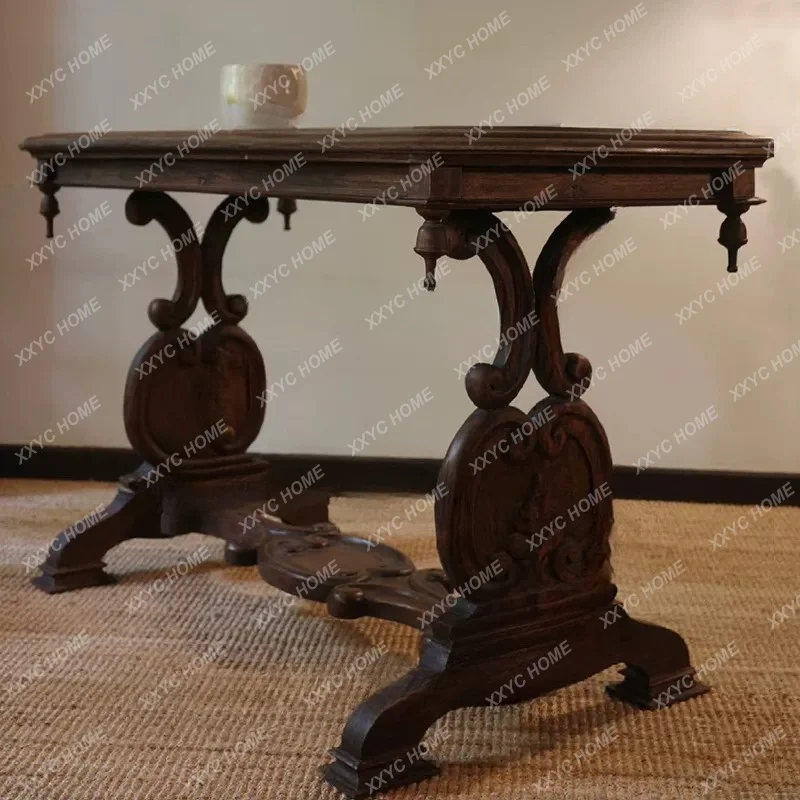 Vintage Solid Wood Desk Vintage Carved Writing Desk Mid Century Modern Rectangular Long Table Dining 、