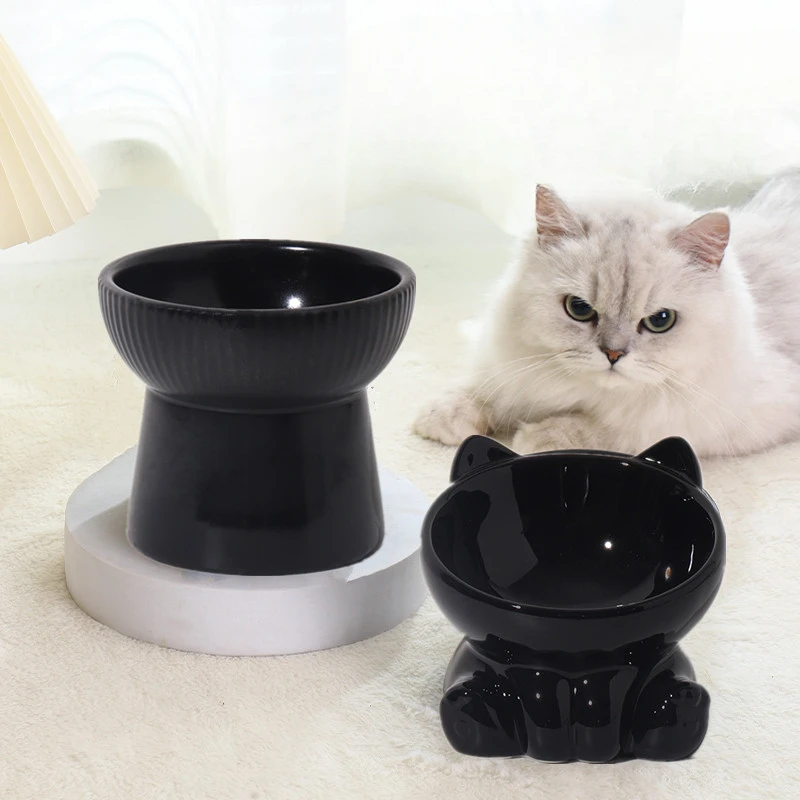 Ceramic Cervical Protection Bowl Drinking Water Slanted Eating Basin High Feet Tall Dog Cat Bowl Tableware Pet Product Black 1Pc