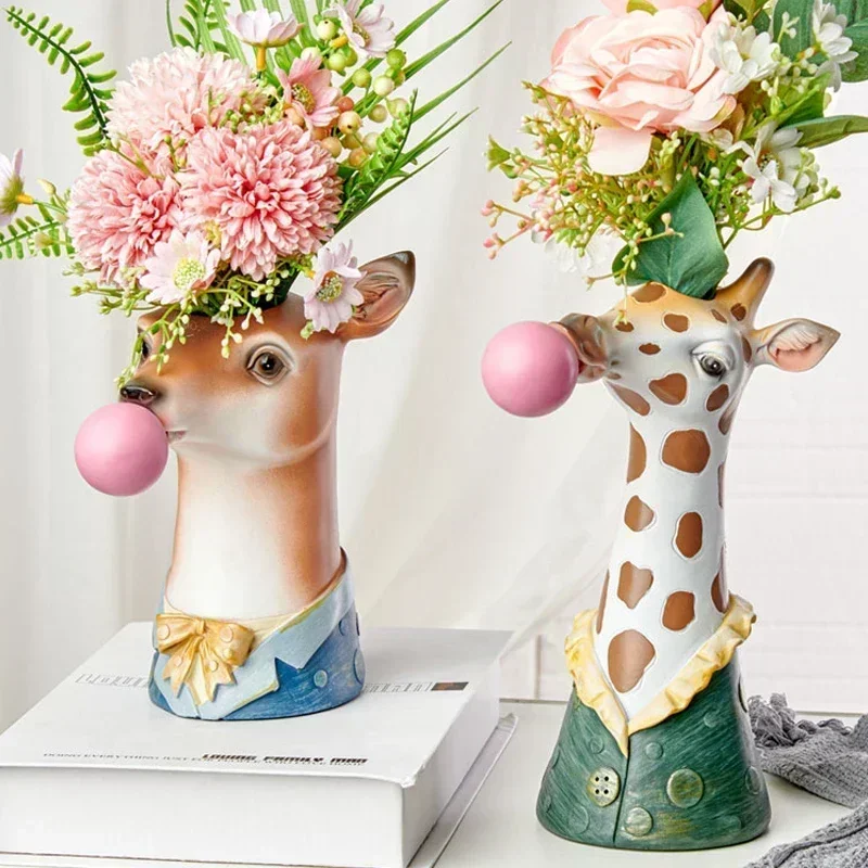 Home Decor Resin Cartoon Animal Head Vase Succulents Flower Pot Coffee Shop Showcase Blowing Bubbles Animal Vase Christmas M69