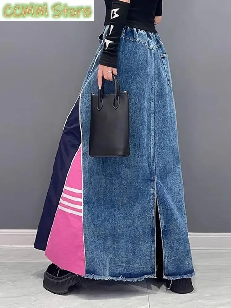 High Waist Amry Green Color-block Denim Midi A-line Half-body Skirt Women Fashion Tide Spring Autumn