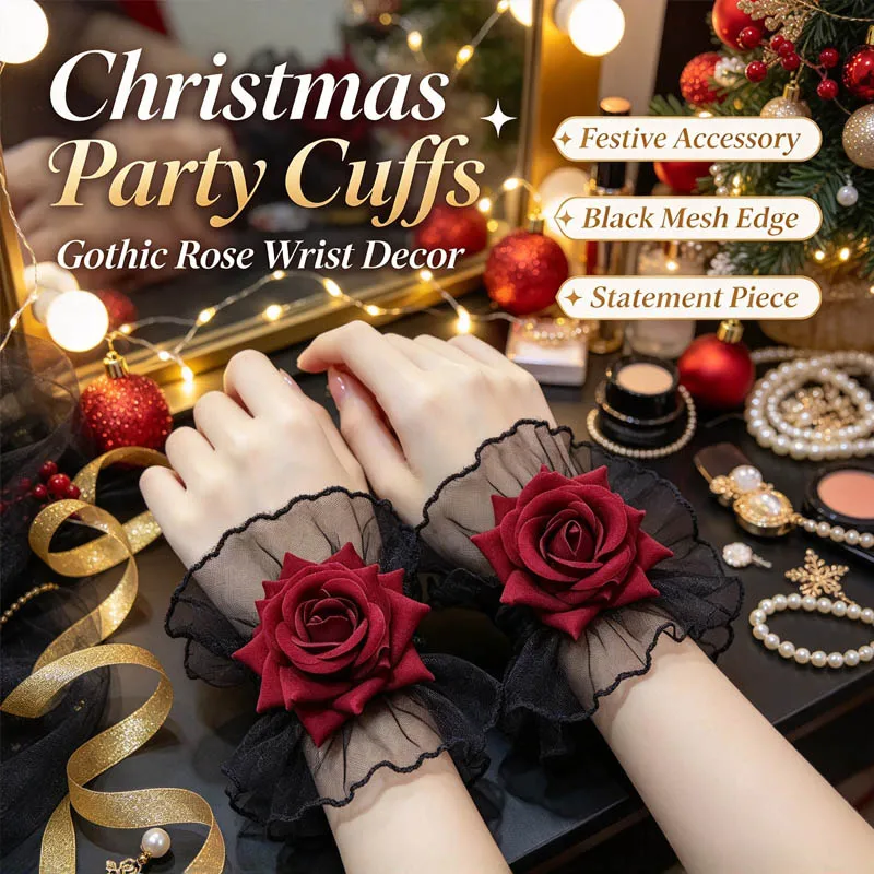 1-10Pairs New Lolita Red Rose Lace Elastic Wristband Flower Wrist Cuff Black Ruffled Gothic Cosplay Bracelet Wrist Accessory