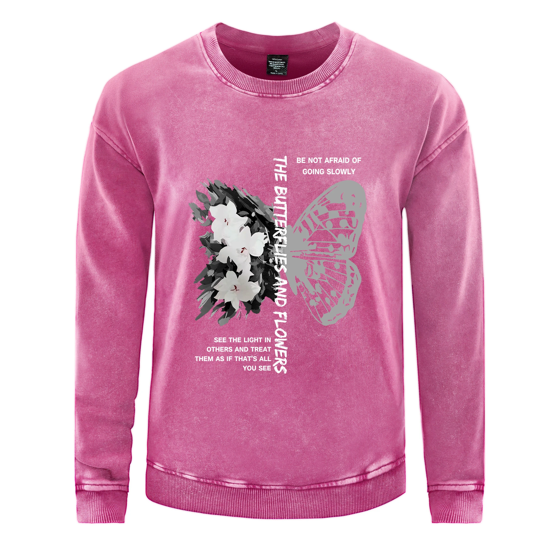 Oversized Men's Washed Hoodie The Butterflies And Flowers Printing Sweatshirt Autumn Crewneck Cotton Pullover Casual Clothing