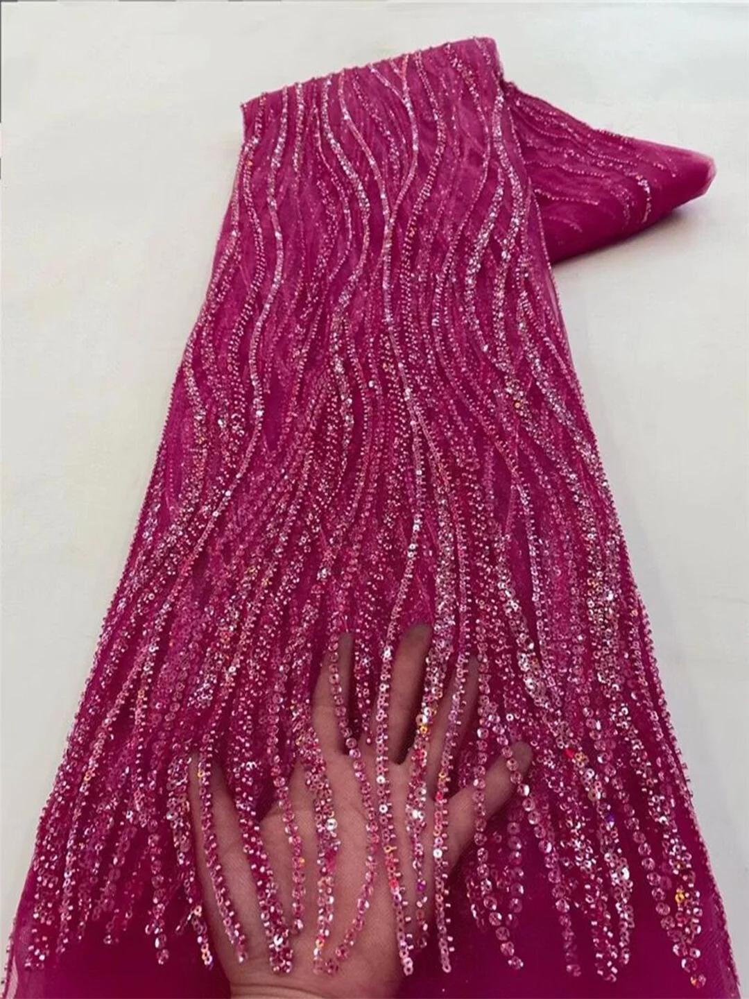 

PGC Rose Red French Mesh Lace Fabric Beads African Lace Fabrics Nigerian Mesh Lace Fabric For Diy Dresses Party Wedding