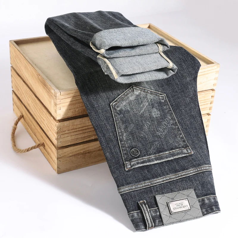 2024 New Tide European high-end light luxury stretch black gray casual MEN\'S denim long pants