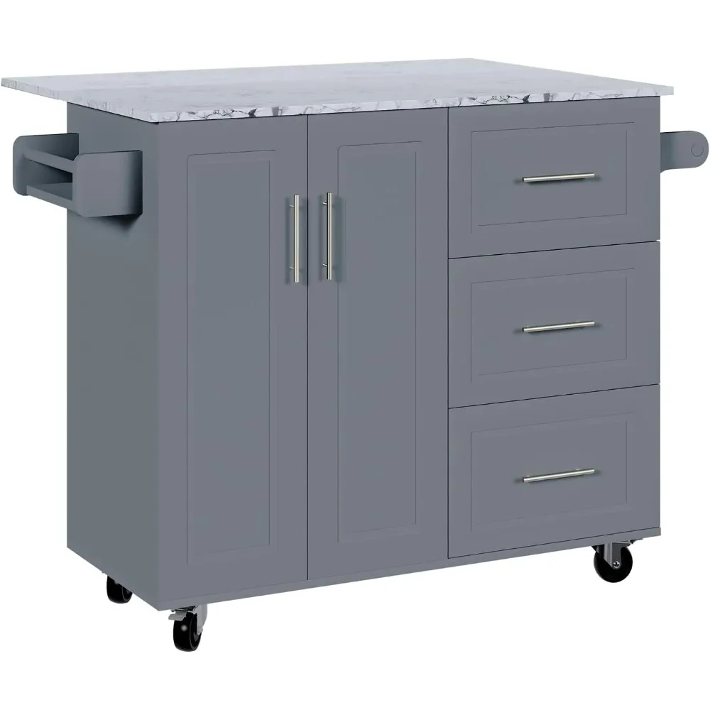 

Rolling Kitchen Island with Storage and Drop Leaf, White Marble Tabletop, 43" Kitchen Carts on Wheels with Towel Rack & Spice R