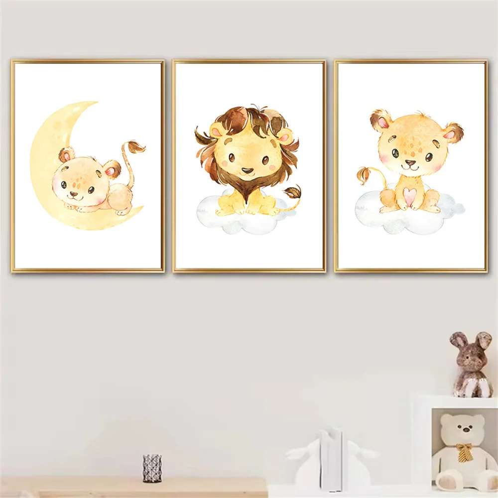 

Cartoon Cute Lion Wall Art Canvas Print Cloud Moon Animal Painting Nursery Poster Nordic Wall Pictures Baby Kids Room Decoration