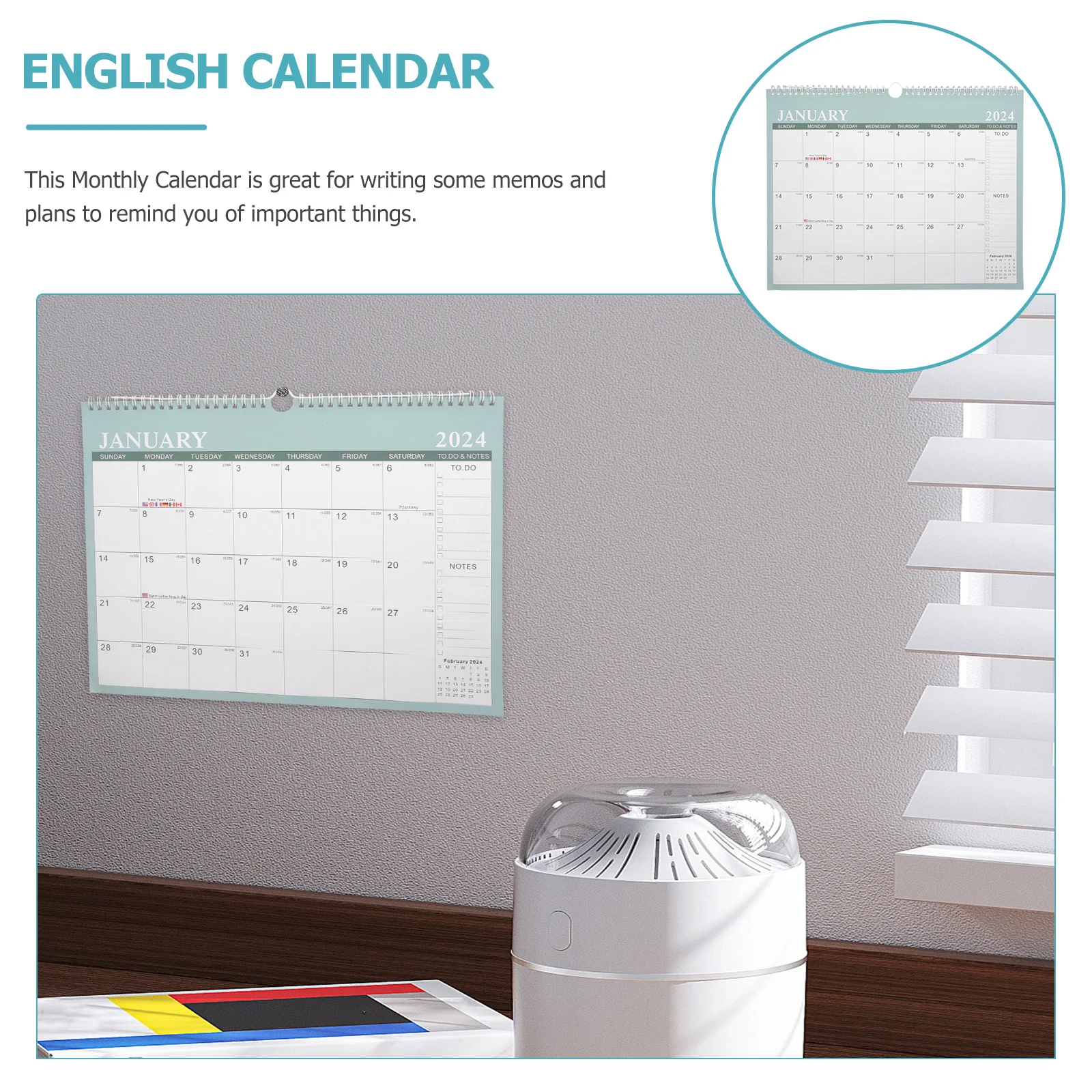 

Coil Desk Calendar 2024 Green Monthly Planner Wirebound Room Hanging Home Office Supplies Sturdy Daily Use Wall Decor