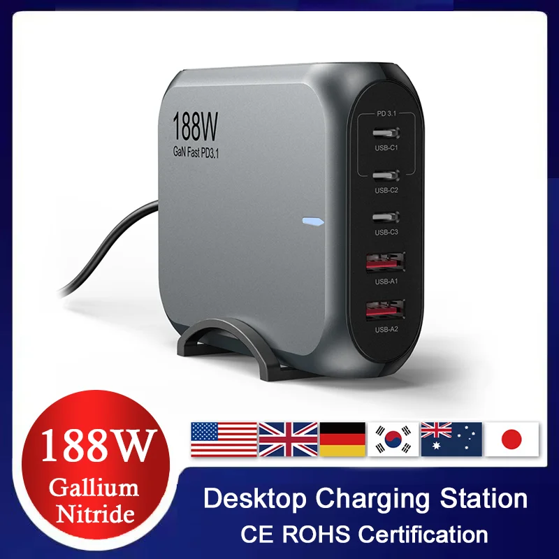 PD 188W GaN USB A Type C 4 in 1 Multi-Port Desktop Charging Station For Phone MacBook Laptop iPad US KR UK EU Super Fast Charger