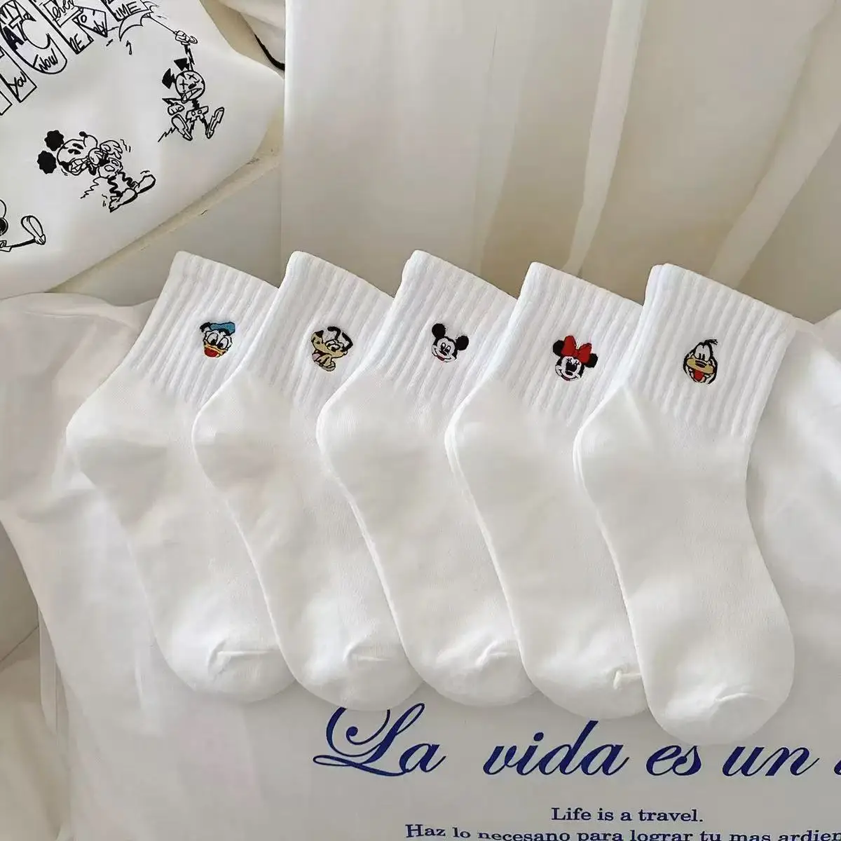 5 Pairs of Sweet and Cute Cartoon Embroidered Women's Round Neck Socks With White Ribbed Soft Cotton Casual Mid Tube Socks