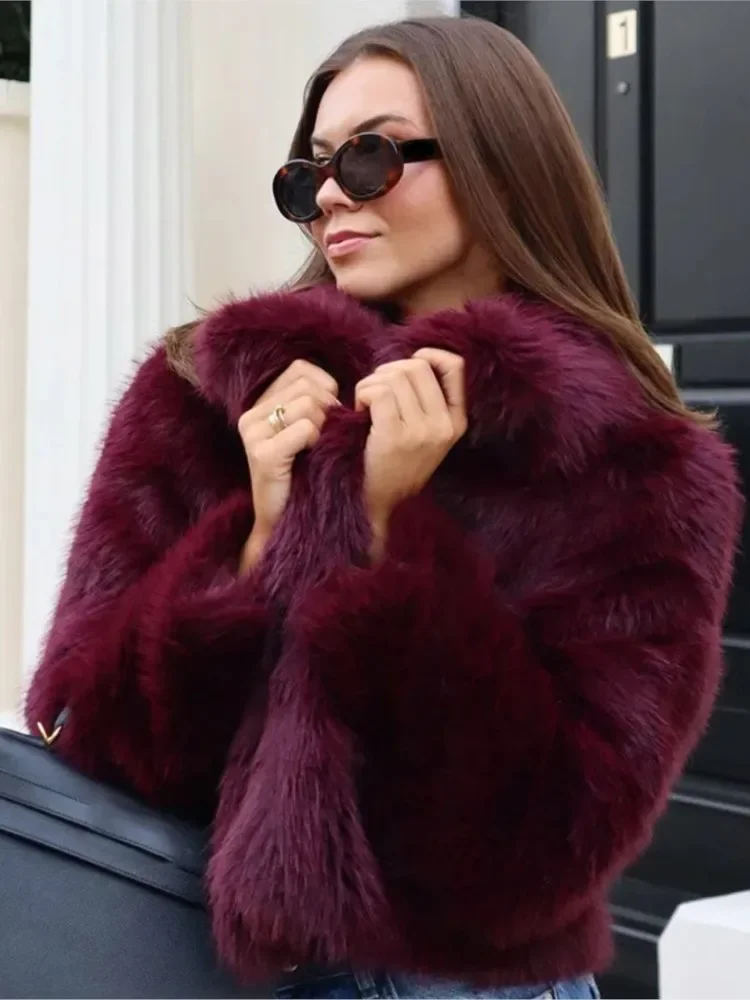 Abrigo corto y cálido Retro Borgoña para mujer, chaqueta de piel sintética de manga larga con solapa holgada de Color sólido elegante a la moda, nuevos abrigos de calle