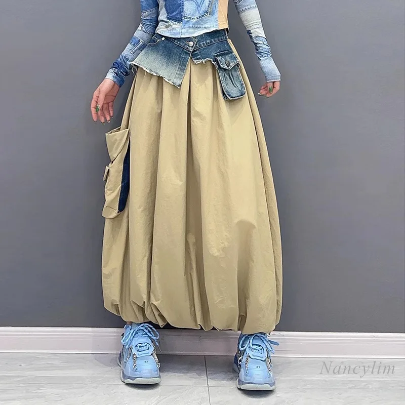 European and American Dark Style Denim Stitching Skirt Women 2024 Summer Autumn New Loose Slimming Casual All-Match Bud Skirts