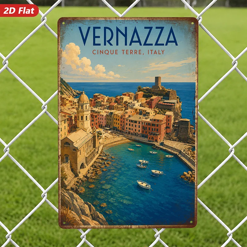 2D Flat, 1pc Vernazza Coastal Travel Metal Sign Wall Art, Vernazza Cinque Terre Italy, Home Decor, Harbor Boats,