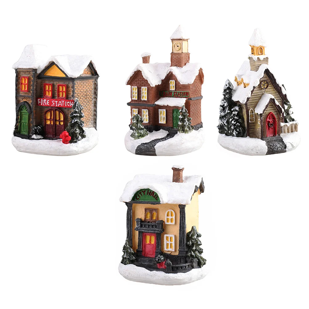 

4Pcs Small House Ornament Luminous Resin Decor for Christmas Party Home Office Desktop Xmas Flashing House Decor Creative Table