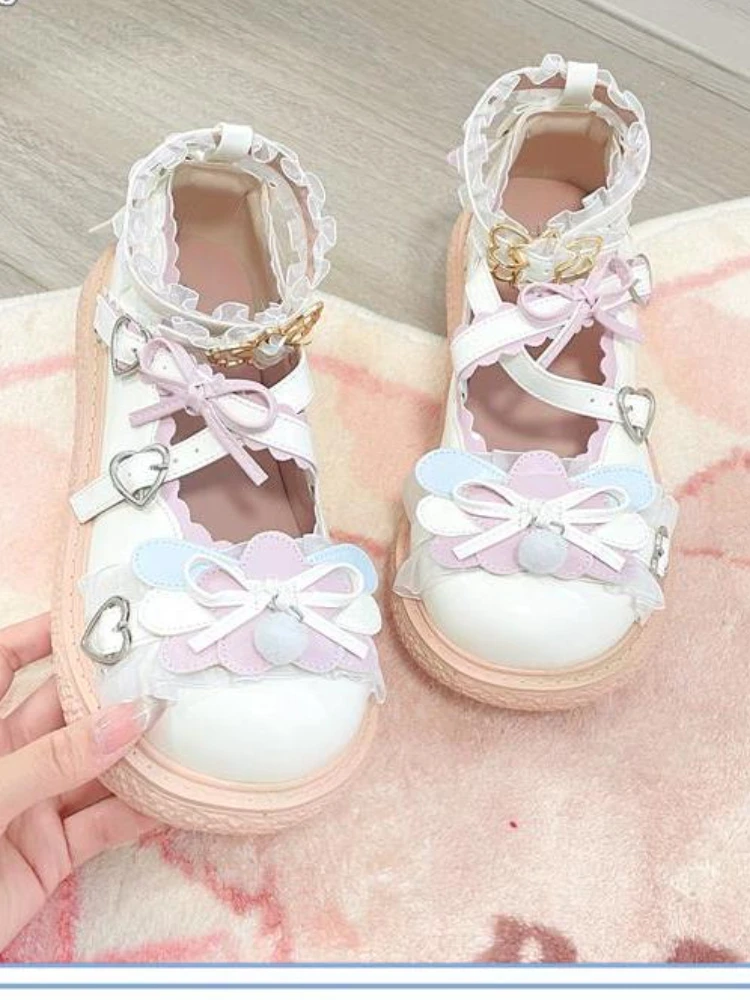 Summer Lolita Sweet Sandals Women Japanese Bow Kawaii Chic Mary Janes Shoes Female Preppy Style Lace-up Round Toe Shoes 2024