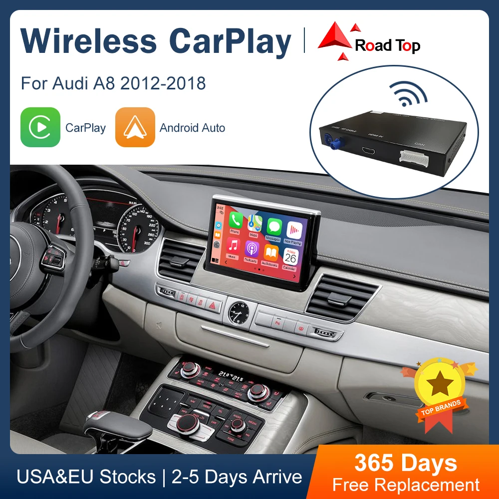 Road Top Wireless CarPlay Android Auto Interface for Audi A8 D3 2012-2018, with AirPlay Mirror Link Car Play Functions