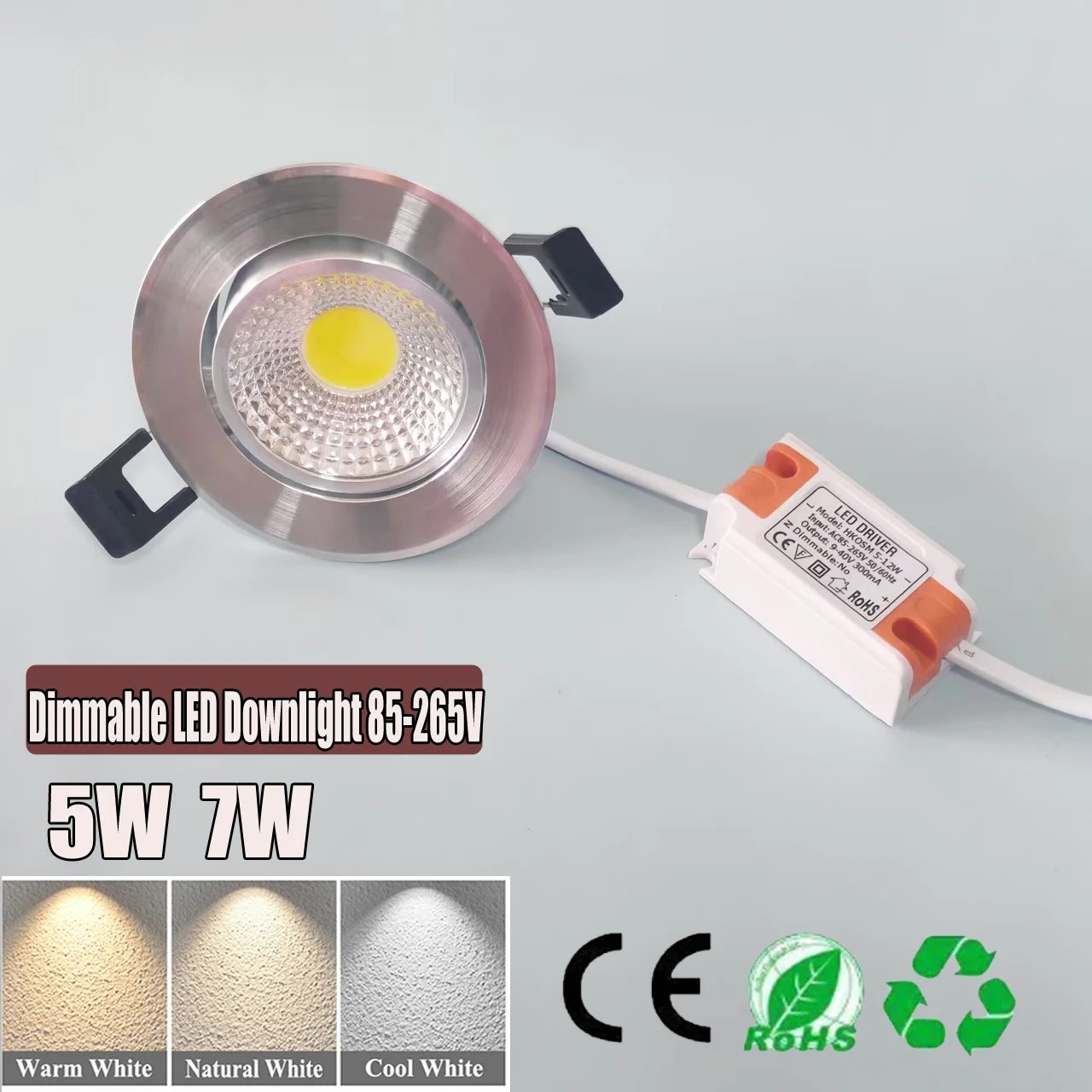 

Super Bright COB LED Downlight 5W/7W Dimmable, 85-265V Recessed Ceiling Spot Light, IP44 Waterproof for Indoor Home, Livi