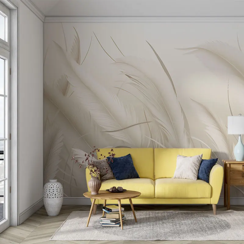Customized cream style feather TV background wall paper living room sofa color feather background wall decoration wallpaper