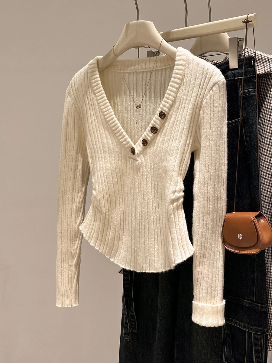 

Women's Long Sve Knitted Base irt V-Ne Button up Slim Fit Inner Wear Fitted Top Spring Autumn Winter Korean Sle