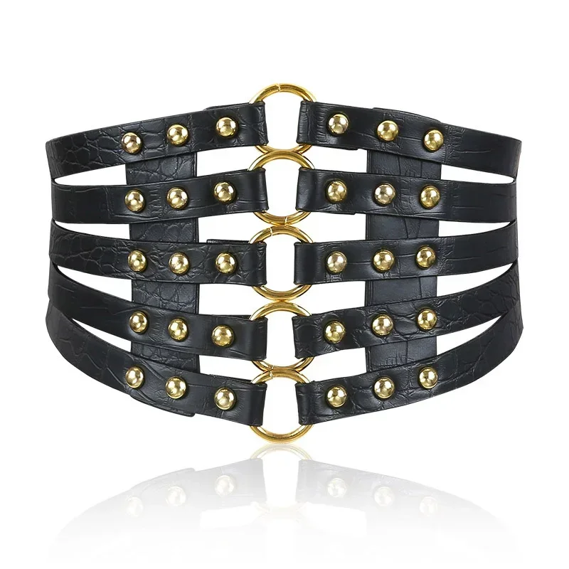 New Brand Design Vintage Metal Ring Belt Gold Ladies Women Belts Female Fashion Rivet Wide Waist Elastic 5 Straps PU Belt