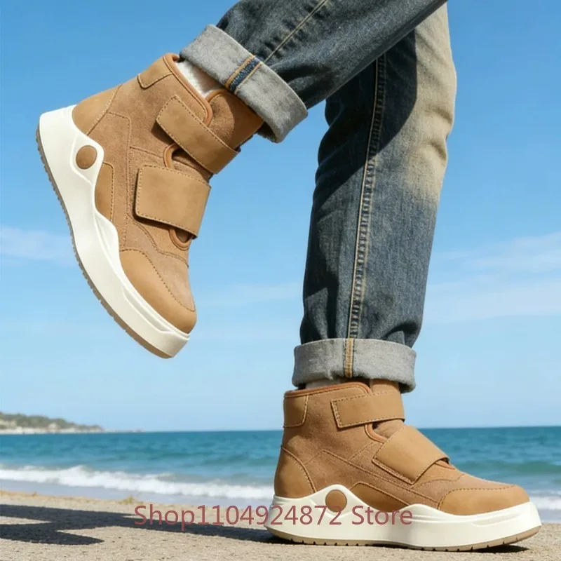 Winter High Top Hook Loop Sneakers Cow Suede Ankle Boots Men Warm Wool Casual Genuine Leather Cotton Shoes Male Snow Boots