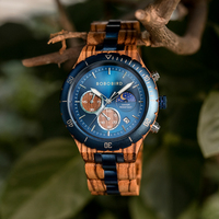 BOBO BIRD Men's Watches Wood & Stainless Steel Combined Wristwatch Chronograph Auto-Date Clock With Gift Box