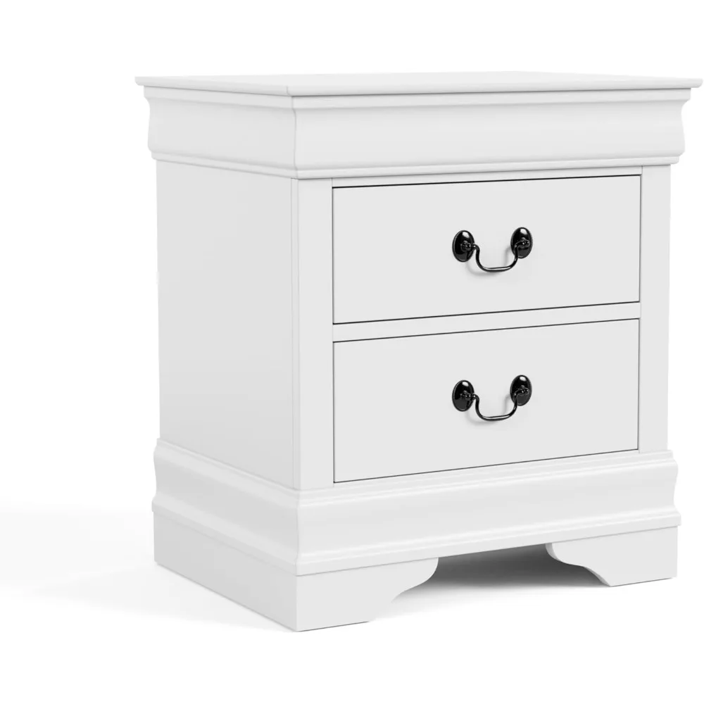 Traditional Solid Wood Nightstand with Drawers and Antique Nickle Handles, Small Bedside Table