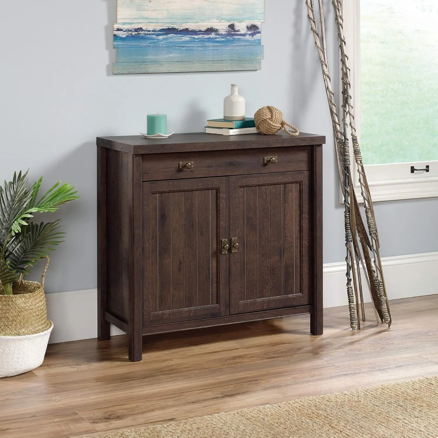 Storage Cabinet with Doors, Library Base for Hutch, in Coffee Oak