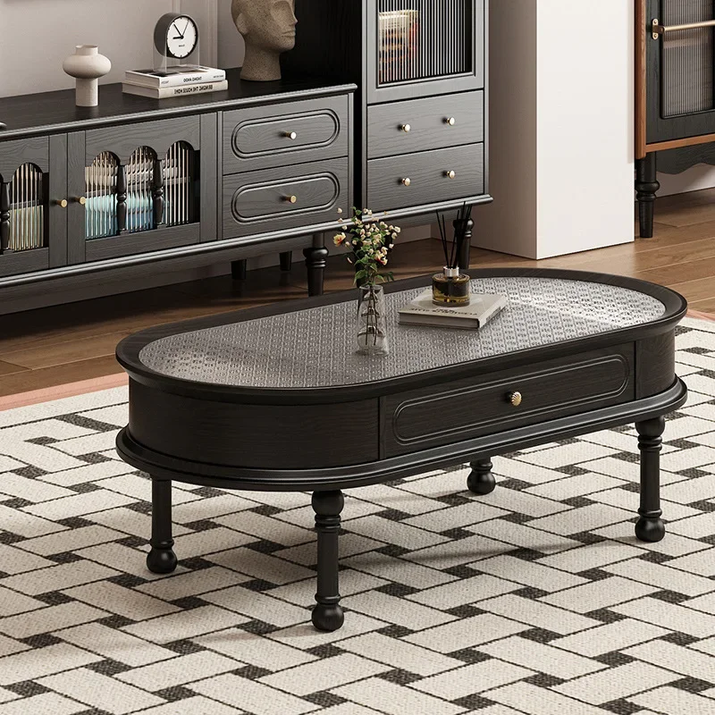 Mesa de centro de estilo retro francés, mesa de centro ovalada de madera maciza para sala de estar pequeña, mesa de té de estilo antiguo de alta gama con cajones