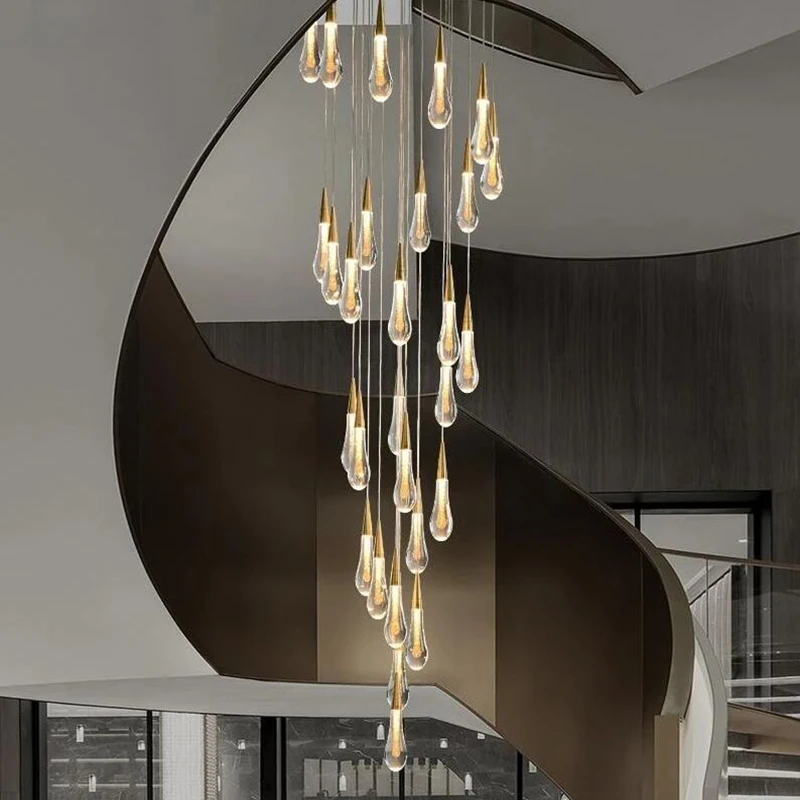 Golden Droplet Chandelier for staircase luxury hallway long spiral crystal Ceiling lamp modern home decor hanging lamp fixture